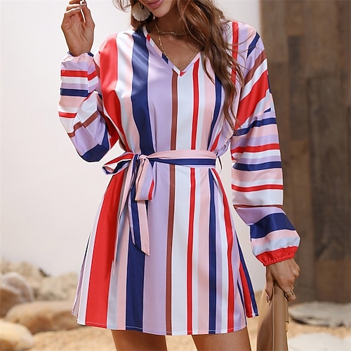 

Women's Casual Dress A Line Dress Short Mini Dress Red Long Sleeve Striped With Belt Fall Winter V Neck Casual Loose 2022 S M L XL
