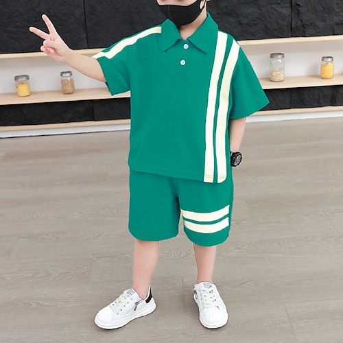 

Kids Boys Clothing Set 2 Pieces Short Sleeve White Emerald Solid Color School Sports Casual Chinoiserie 2-9 Years