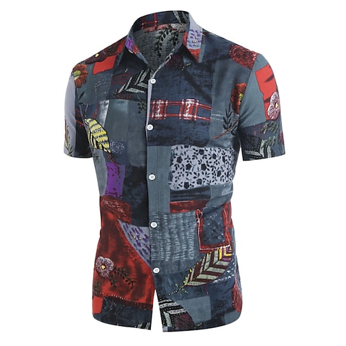 

Men's Shirt 3D Print Color Block Turndown Street Casual Button-Down Print Short Sleeves Tops Designer Casual Vintage Retro Blue / Summer
