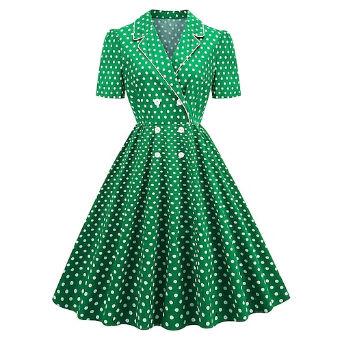 

Women's A Line Dress Swing Dress Midi Dress Green Short Sleeve Polka Dot Button Print Spring Summer Shirt Collar Stylish Elegant Vintage 2022 S M L XL XXL / Cotton