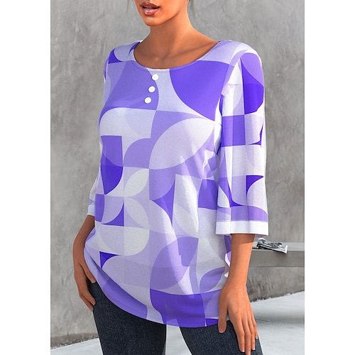 

Women's Blouse Green Blue Purple Floral Geometric Print 3/4 Length Sleeve Casual Weekend Basic Round Neck Long Floral Painting S / 3D Print