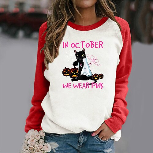 

Mujer Sudadera Pull-over Ropa de calle Casual Víspera de Todos los Santos Retazos Estampado Negro Blanco Rosa Bloque de color Gato Letra Casual Cuello Barco Manga Larga