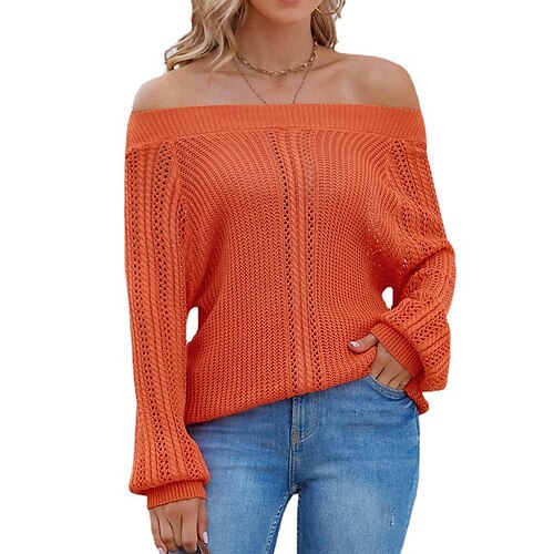 

Women's Pullover Sweater Jumper Crochet Knit Knitted Cold Shoulder Pure Color Off Shoulder Stylish Casual Daily Going out Fall Winter Blue Purple S M L / Long Sleeve