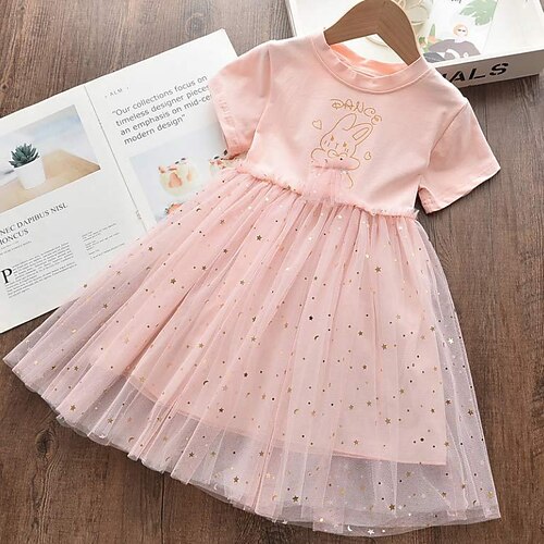 

Kids Little Girls' Dress Cartoon Animal A Line Dress Daily Sparkle Pink Knee-length Short Sleeve Princess Sweet Dresses Summer Regular Fit 1pcs 2-8 Years
