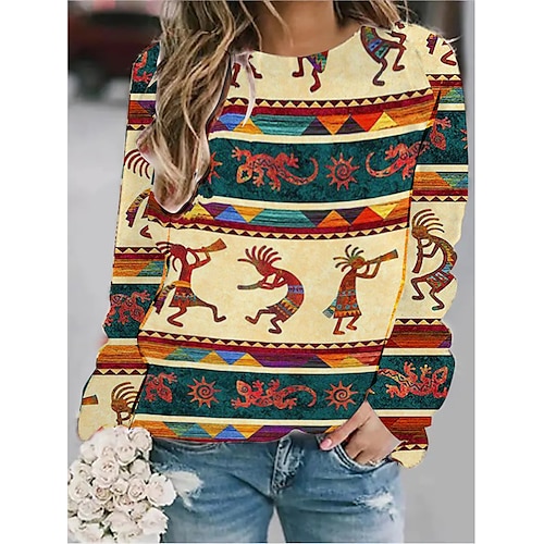 

Women's Sweatshirt Pullover Active Streetwear Ethnic Print Khaki Graphic Daily Round Neck Long Sleeve S M L XL XXL / 3D Print