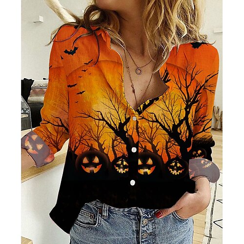 

Women's Blouse Shirt Orange Graphic Pumpkin Button Print Long Sleeve Halloween Weekend Streetwear Casual Shirt Collar Regular S