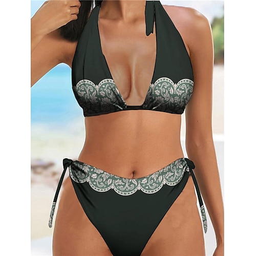 

Women's Swimwear Bikini 2 Piece Normal Swimsuit Halter Open Back Printing Floral Black Halter V Wire Bathing Suits Sexy Vacation Fashion / Modern / New