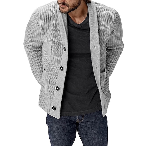 

Men's Sweater Cardigan Sweater Ribbed Knit Button Knitted Solid Color Shirt Collar Basic Casual Daily Holiday Clothing Apparel Winter Fall Black Blue M L XL