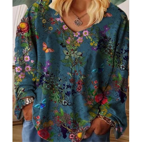 

Women's Plus Size Tops T shirt Tee Floral Print Long Sleeve V Neck Streetwear Daily Vacation Cotton Spandex Jersey Fall Winter Blue