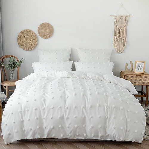 

3-Piece Duvet Cover Set White Hotel Bedding Sets Comforter Cover with Pom Poms Decoration, Include 1 Duvet Cover, 2 Pillowcases for Double/Queen/King(1 Pillowcase for Twin/Single)