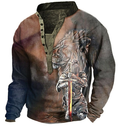 

Men's Unisex Sweatshirt Pullover Button Up Hoodie Coffee Standing Collar Lion Knights Templar Graphic Prints Print Casual Daily Sports 3D Print Streetwear Designer Casual Spring & Fall Clothing