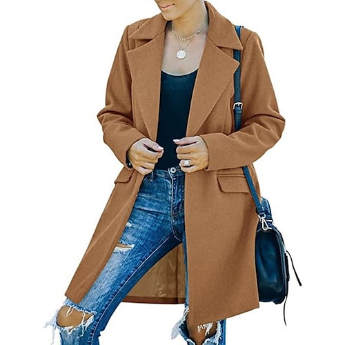 

Women's Coat Stylish Elegant with Pockets Street Going out Work Outdoor Coat Polyester Long Black Gray Khaki Fall Winter Buttoned Front Lapel Regular Fit S M L XL XXL 3XL
