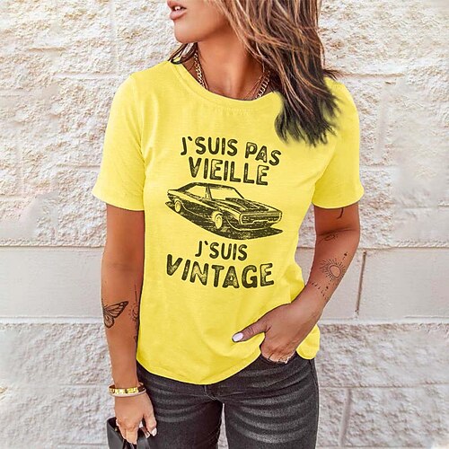 

Women's T shirt Tee Pink Yellow Red Graphic Text Print Short Sleeve Casual Weekend Basic Round Neck Regular Cotton Painting S