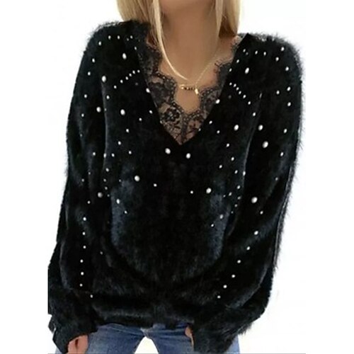 

Women's Pullover Sweater Jumper Ribbed Knit Knitted Lace Trims Pure Color V Neck Stylish Casual Home Daily Fall Winter Black Wine M L XL / Long Sleeve / Regular Fit / Going out