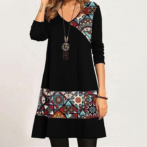 

Women's Casual Dress T Shirt Dress Tee Dress A Line Dress Mini Dress Black Long Sleeve Geometric Print Winter Fall V Neck Casual Winter Dress Fall Dress Loose Fit 2023 S M L XL XXL 3XL