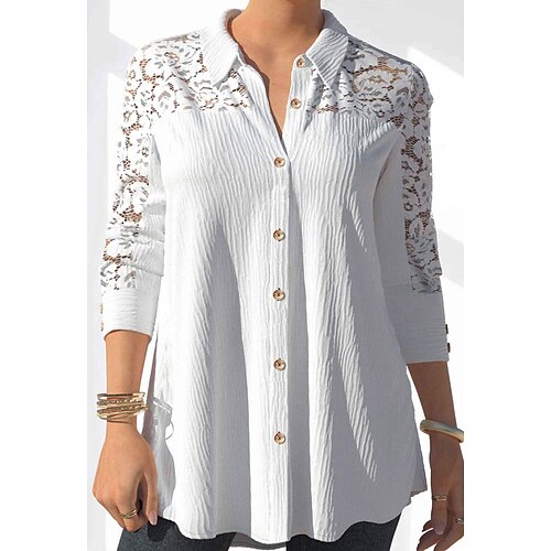 

Women's Plus Size Tops Blouse Shirt Lace Ruched Long Sleeve Shirt Collar Elegant Work Daily Cotton Blend Winter Fall White