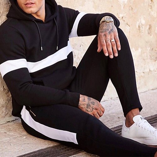 

Men's Tracksuit Hoodies Set Blue Gray Black Hooded Color Block Print 2 Piece Front Pocket Sports & Outdoor Casual Streetwear Streetwear Designer Sportswear Winter Fall Clothing Apparel Hoodies