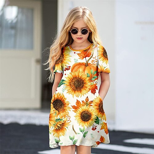 

Kids Girls' Dress Floral A Line Dress Above Knee Dress Daily Print Short Sleeve Cute Dress 3-12 Years Spring Yellow