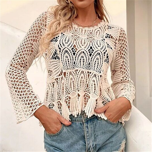 

Women's Blouse Plain Casual Holiday Blouse Eyelet top Long Sleeve Mesh Lace Crochet Round Neck Bohemian Style White Beige One-Size