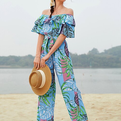 

Women's Jumpsuit Floral Off Shoulder Casual Vacation Beach Slim Short Sleeve Green Blue Pink S M L Fall