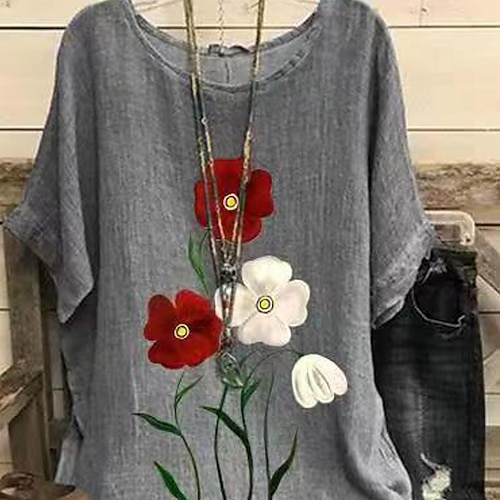 

Mujer Camiseta Gris Floral Retazos Estampado Media Manga Diario Noche Ropa de calle Cuello redondo Regular Holgado Talla Grande L