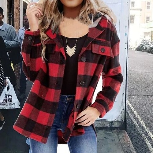 

Women's Casual Jacket Windproof Warm Outdoor Street Daily Vacation Button Pocket Single Breasted Lapel Modern Street Style Plaid Regular Fit Outerwear Long Sleeve Winter Fall Red S M L XL XXL