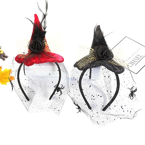 

New Halloween Witch Spider Veil Witch Hat Fancy Dress Feather Flower High-end Witch Hat Headband