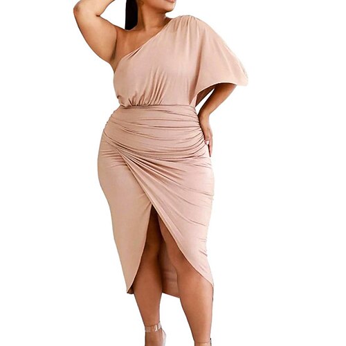 

Women's Plus Size Holiday Dress Solid Color One Shoulder Split Short Sleeve Fall Spring Sexy Knee Length Dress Date Club Dress