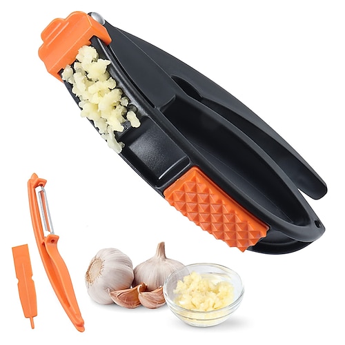 

Garlic Press 4 in 1 Garlic Mincer Garlic Crusher Set with Vegetable Peeler Meat Tenderizer Cleaning Tool with Ergonomic Handle Easy Squeeze