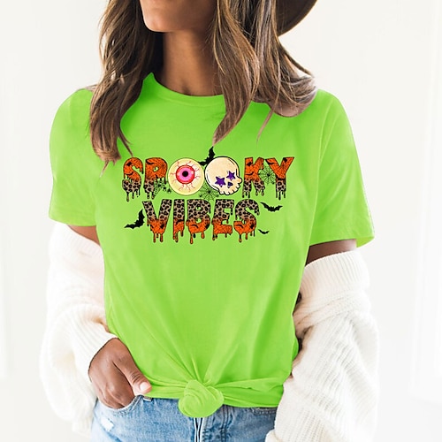 

Women's T shirt Tee Green Pink Yellow Graphic Skull Print Short Sleeve Halloween Daily Basic Halloween Round Neck Regular 100% Cotton S