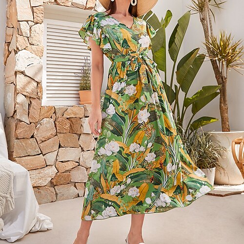 

Women's A Line Dress Chiffon Dress Midi Dress Blue Yellow Rainbow Short Sleeve Floral Color Block Lace up Patchwork Print Fall Spring V Neck Fashion Modern Boho Loose 2022 S M L XL / Summer