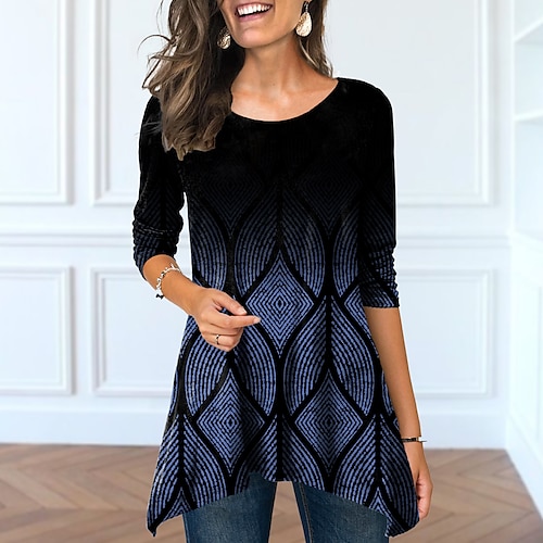 

Women's T shirt Tee Green Blue Purple Geometric Flowing tunic Print Long Sleeve Casual Weekend Basic Round Neck Long Geometric Painting S