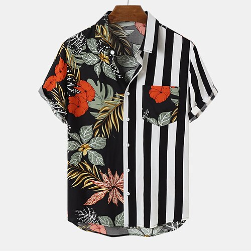 

Men's Shirt 3D Print Floral Striped Turndown Street Casual Button-Down Print Short Sleeves Tops Designer Casual Fashion Breathable Black Orange Beige / Summer