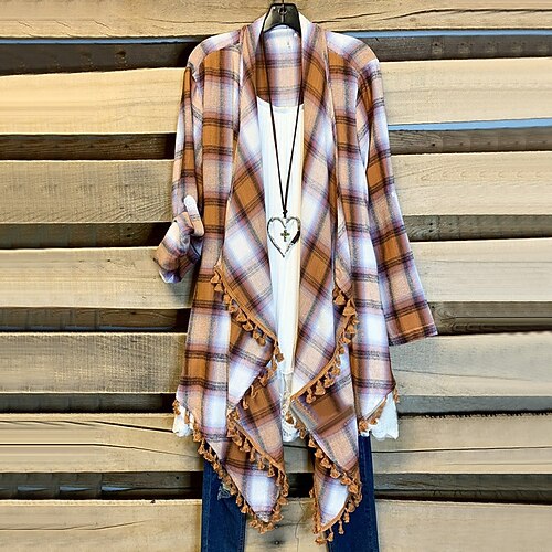 

Women's Casual Jacket Windproof Warm Outdoor Street Daily Vacation Tassel Print Cardigan Lapel Modern Street Style Plaid Regular Fit Outerwear Long Sleeve Winter Fall Orange S M L XL XXL 3XL
