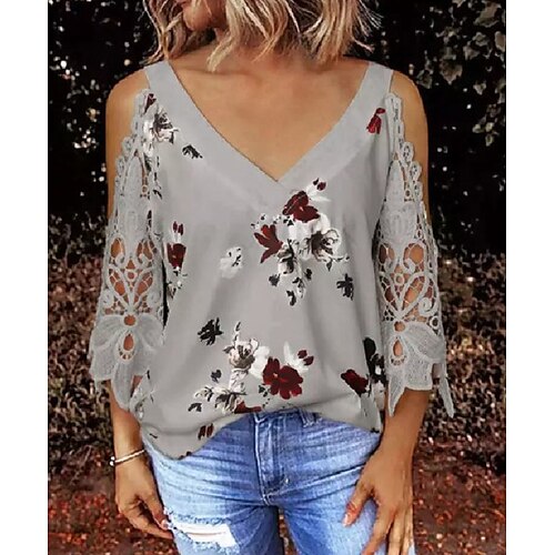 

Women's Blouse Shirt Gray White Black Flower Lace Cut Out 3/4 Length Sleeve Daily Weekend Casual V Neck Regular S / Print