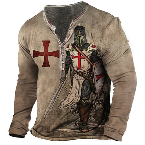 

Men's Henley Shirt T shirt Tee Tee Graphic Templar Cross Soldier Henley Green Purple Light gray Red Brown 3D Print Plus Size Outdoor Daily Long Sleeve Button-Down Print Clothing Apparel Basic