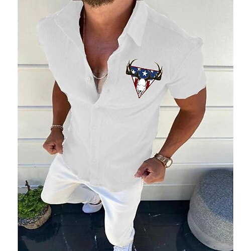 

Men's Shirt Solid Color Deer Turndown Standing Collar White Black Blue Khaki Half Sleeve Outdoor Street Button-Down Print Tops Fashion Designer Casual Breathable / Summer / Spring / Summer