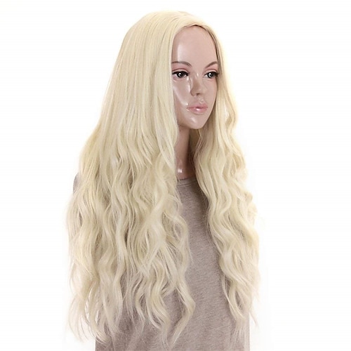 

24 inches Platinum Blonde Curly Wavy Heat Resistant Synthetic Hair Wigs for Women Middle Parting None Lace Front Hair Replacement Wigs