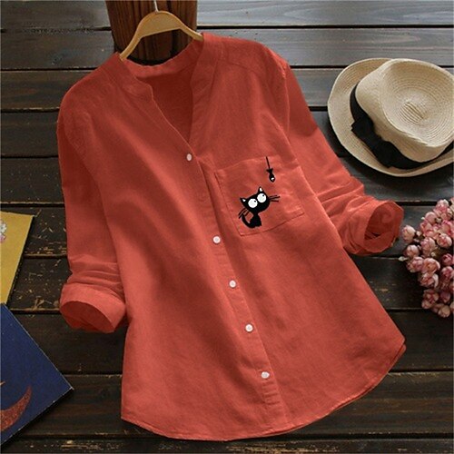 

Women's Plus Size Tops Blouse Shirt Cat Animal Pocket Button Long Sleeve V Neck Basic Streetwear Daily Vacation Cotton Fall Winter White Yellow