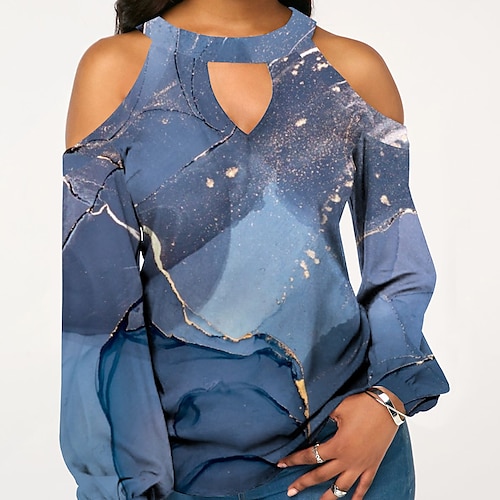 

Women's Blouse Graphic Casual Weekend Blouse Long Sleeve Cold Shoulder Print V Neck Basic Wine Fuchsia Dusty Blue S / 3D Print