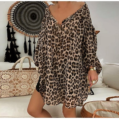 

Women's Blouse Leopard Daily Weekend Blouse Shirt Long Sleeve Lace up Print V Neck Casual Brown M