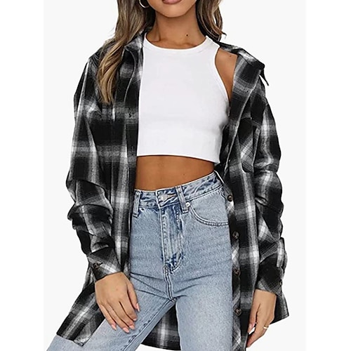 

Women's Casual Jacket Windproof Warm Outdoor Street Daily Vacation Button Pocket Print Single Breasted Turndown Casual Street Style Stripes and Plaid Regular Fit Outerwear Long Sleeve Winter Fall