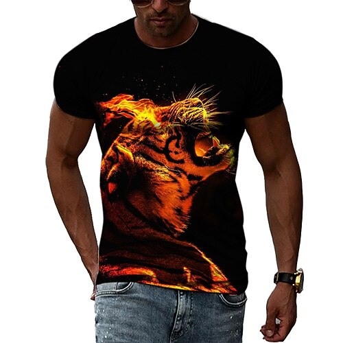

Men's Unisex T shirt Tee Tiger Graphic Prints Crew Neck Black Yellow Short Sleeve 3D Print Outdoor Street Print Tops Vintage Sports Casual Big and Tall / Summer / Summer