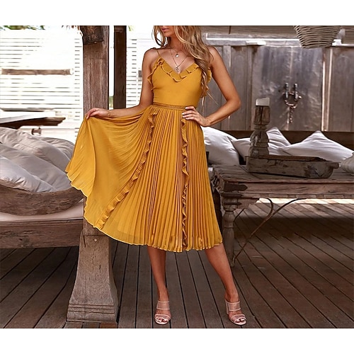 

Women's A Line Dress Midi Dress White Yellow Sleeveless Print Backless Patchwork Cold Shoulder Fall Summer Spaghetti Strap Stylish Fashion Modern 2022 S M L XL