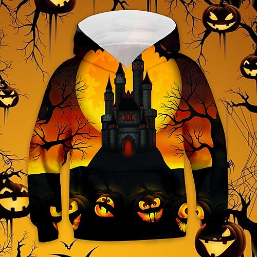 

Kids Boys Halloween Hoodie Pumpkin Outdoor 3D Print Long Sleeve Pocket Active 3-13 Years Winter Yellow