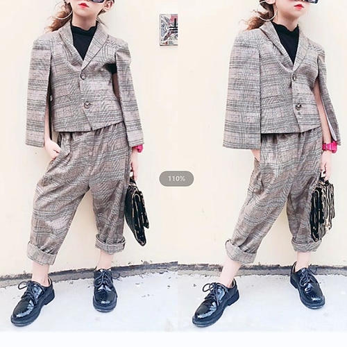 

Kids Girls' Suit Blazer PantsSet Clothing Set 2 Pieces Long Sleeve Light gray Plaid Fashion Regular 2-8 Years