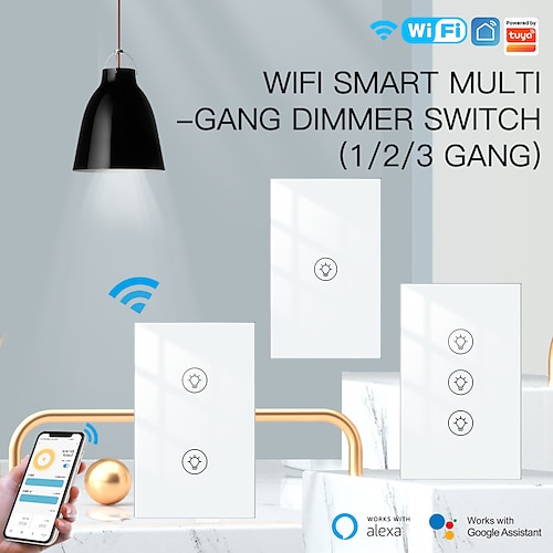

Tuya WiFi Multi-gang Smart Light Dimmer Switch Independent Control Smart Life/Tuya APP Light Mode Power-on Status Setting Works with Alexa Google Voice Assistants 1/2/3 Gang