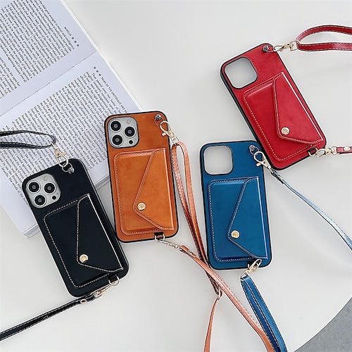 

telefono Custodia Per Apple Porta carte di credito iPhone 14 Pro Max Plus 13 12 11 Mini X XR XS 8 7 Cornice antiurto A portafoglio con tracolla rimovibile Tinta unita pelle sintetica