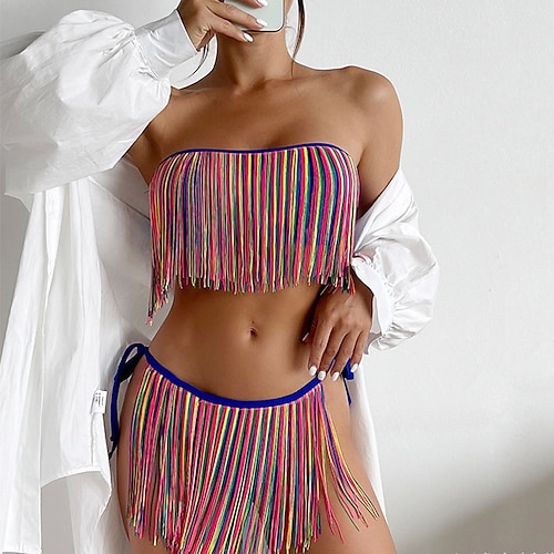 

Women's Swimwear Bikini 2 Piece Normal Swimsuit Backless 2 Piece Tassel Fringe Tie back / Tie front Color Block Blue Bandeau Tube Top Strapless Bathing Suits Sexy Vacation Sexy / Modern / New
