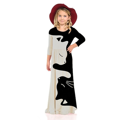 

Kids Little Girls' Dress Cat Animal Shift Dress Daily Holiday Vacation Print Black Maxi 3/4 Length Sleeve Casual Cute Sweet Dresses Fall Winter Regular Fit 2-8 Years